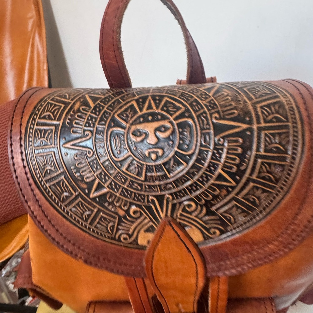 Brown Leather Backpack with Aztec Design
